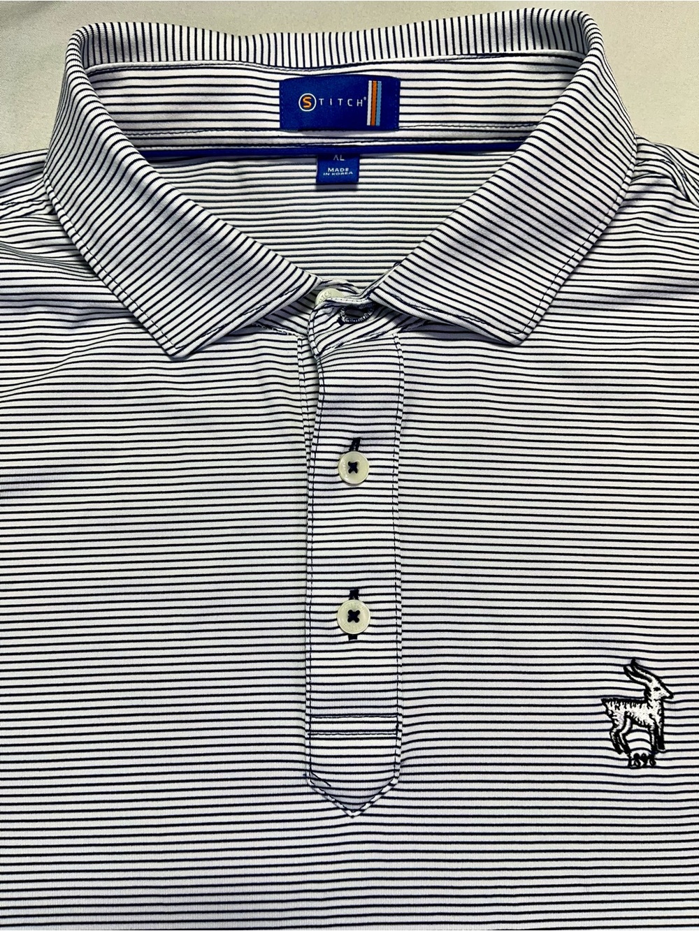 Men's Stitch Golf Brand Barclay Striped White Navy Golf Polo Shirt GOAT - XL